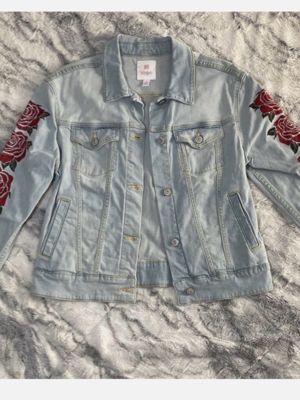 Lularoe Embroidered Rose Jean Jacket Light Wash Button Up large